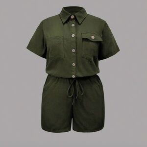 Olive Green 1XL Plus Size Drawstring Waist Romper Pocket